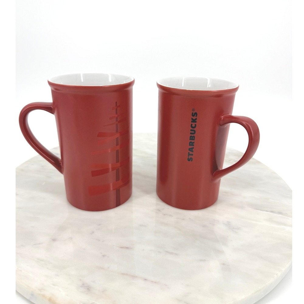 Starbucks 2012 Matte Red Christmas Tree Ceramic Mug Set 20oz‎ 2 Piece Cup